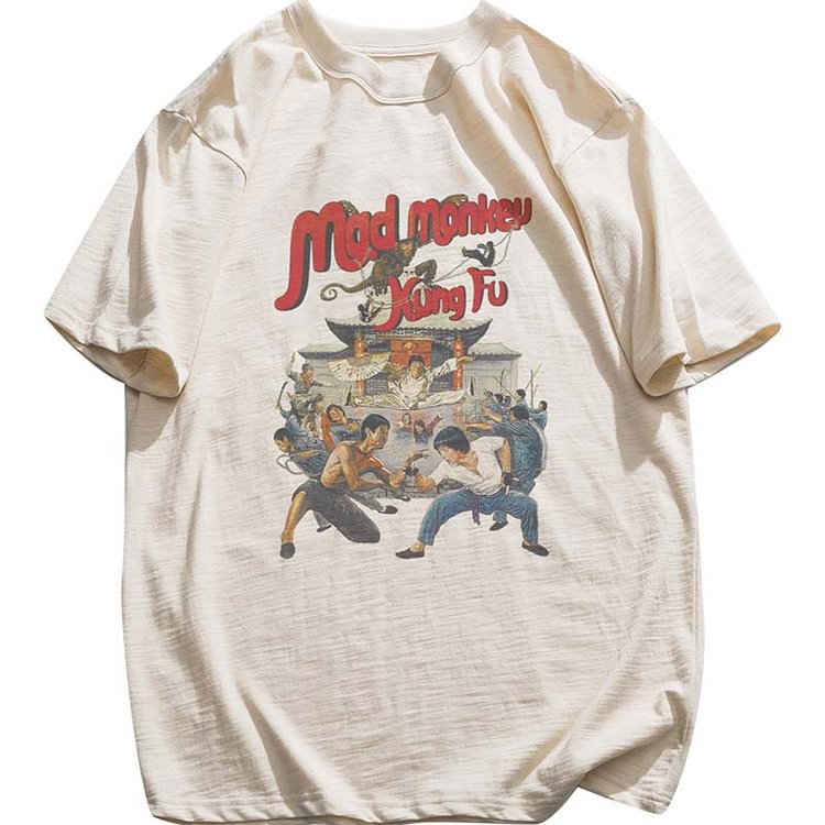 Vintage Kung Fu Print Cotton T-Shirt - Modakawa Modakawa