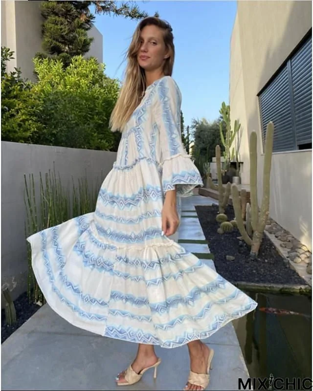 Women's Swing Dress Midi Dress Long Sleeve Print Fall Casual Light Blue