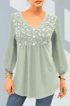 Plus Size Leaf Sequin Lantern Sleeve V Neck Blouse