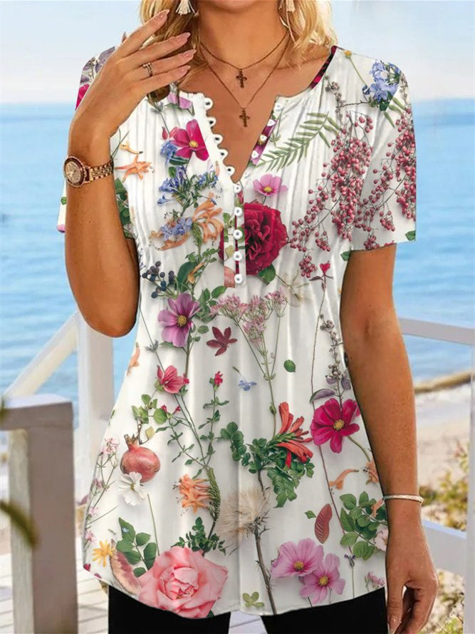 Women Long Sleeve V-neck Graphic Floral Printed Top