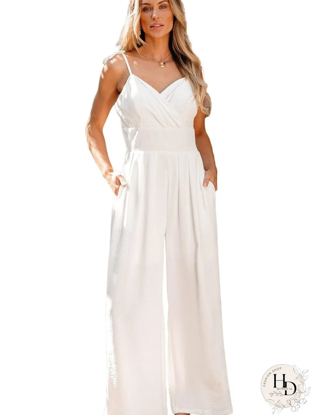 Elegant Beige Pleated Wide Leg Jumpsuit with Spaghetti Straps