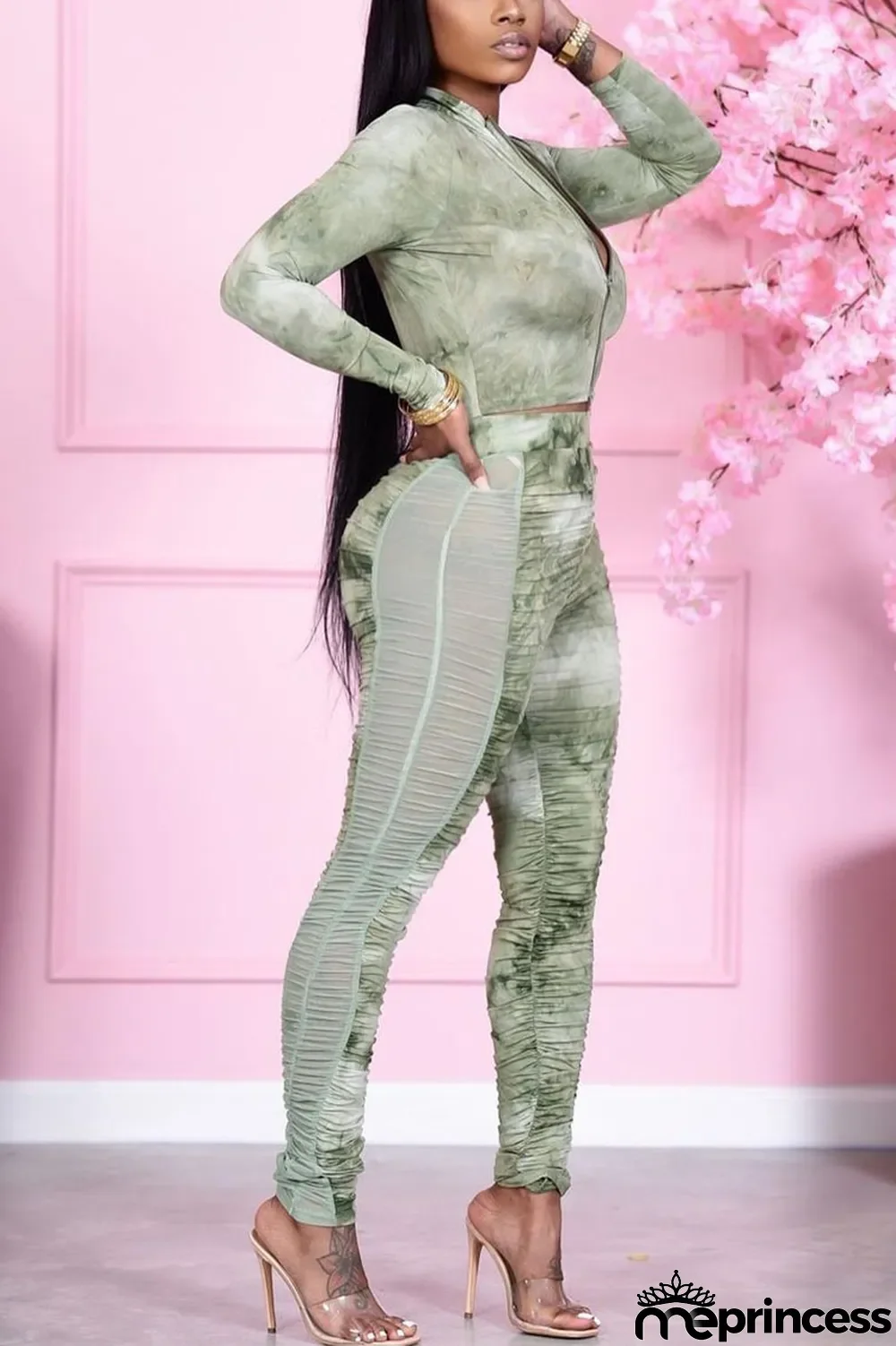 Blue Casual Print Solid Split Joint Zipper Collar Long Sleeve Two Pieces