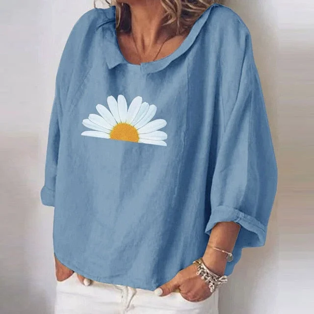 Cotton Linen Women Blouses Summer Long Sleeve Florals Animal Print Blouse Shirts Turn-down Collar Loose Female Blusa Tosp 5XL