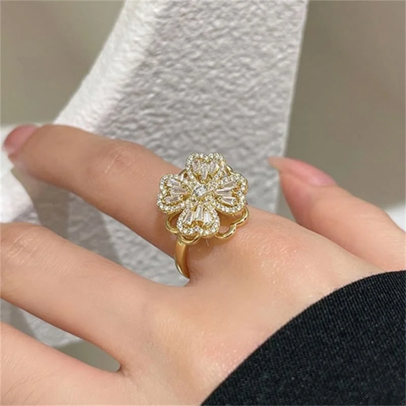 Spinning Zircon Four-leaf Clover Rotatable Ring Lucky Vintage Ring