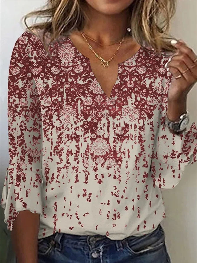 Women's V-Neck Long Sleeve Graphic Printed Tops
