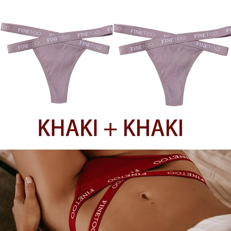 FINETOO 2PCS/Set Women's Cotton G-string Sexy Cross Strap Panties Letter Waisted Underwear Thongs Femme Hollow Out Lady Briefs