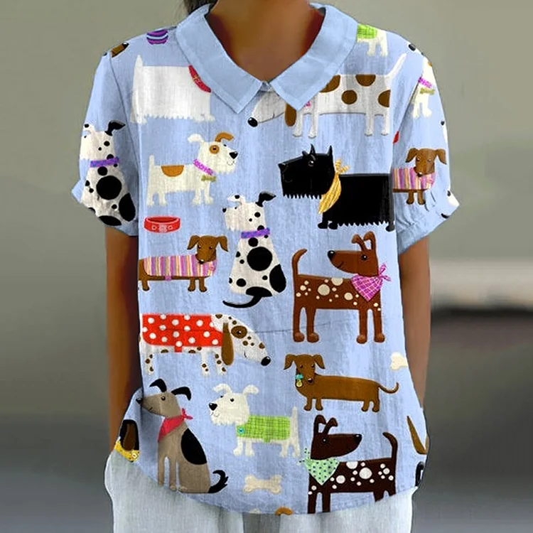 Comstylish Art Dog Print Lapel Short Sleeve Casual Blouse