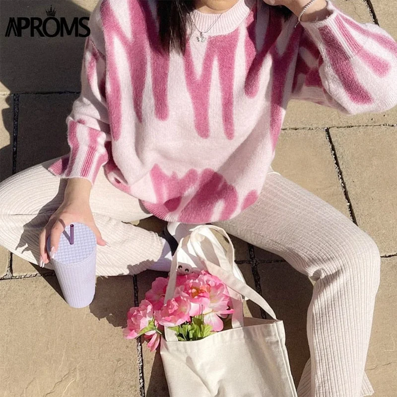 Aproms Elegant Korean Fashion Rose Stripe Print Long Sweater Women 2022 Winter Streetwear Pink Knitted Pullovers Loose Outerwear