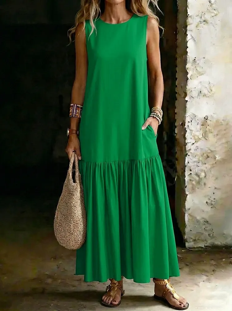 Women&rsquo;s Casual Sleeveless Vest With Pockets Pleats Maxi Dress