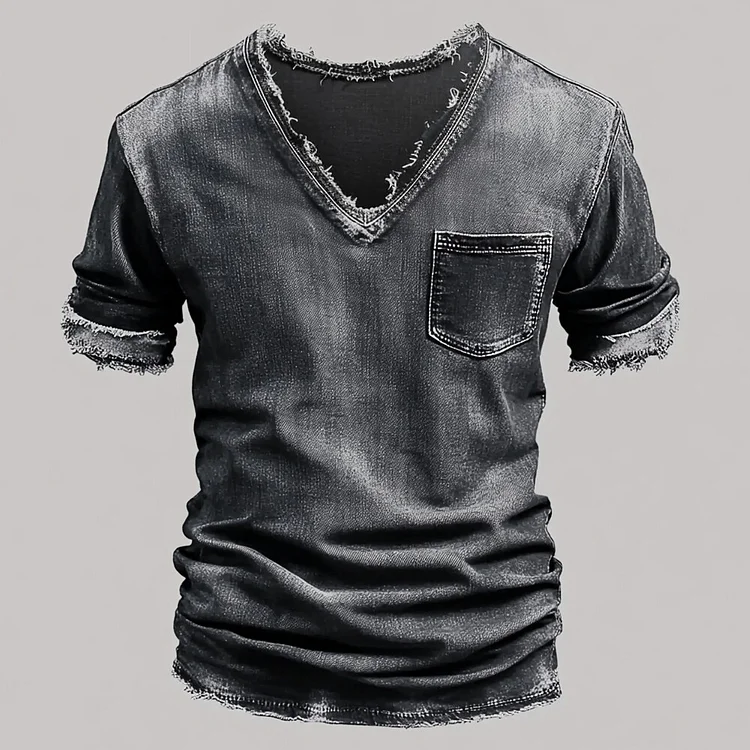 Men's Distressed Denim V Neck Short Sleeve Raw Edge Chest Pocket T-Shirt