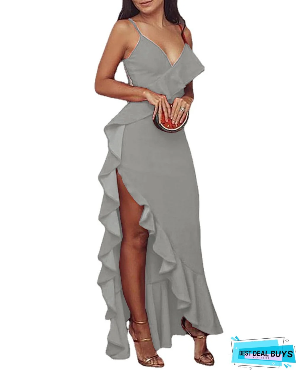 Dress Ruffle Suspender Sexy Nightclub High Split Dress Women's Dress