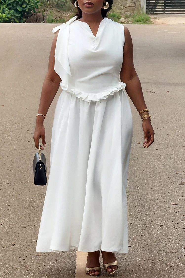 Plus Size Wedding White Cowl Neck Pleated Elegant Maxi Dresses [Pre-Order]
