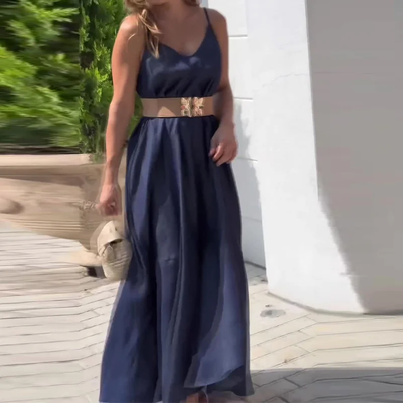 Ueong Ueong 2024 New Style Has Obvious Visible Fashion Retro Low Collar Loose Sling Satin Dress Woman