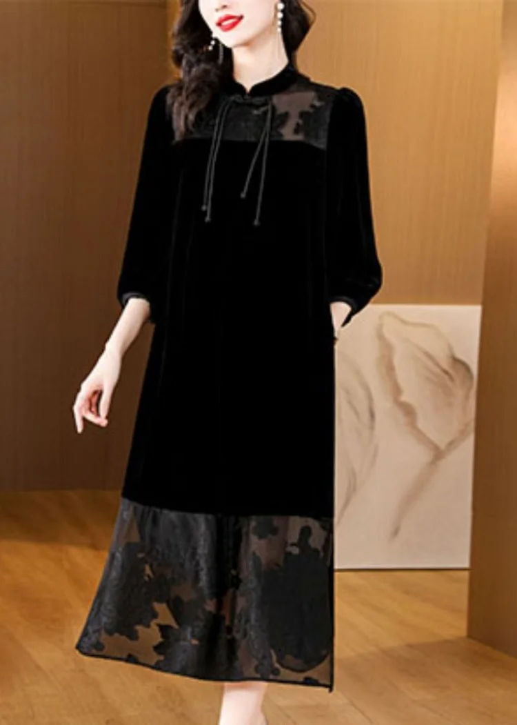 Loose Black Tulle Patchwork Side Open Silk Velour Dress Bracelet Sleeve