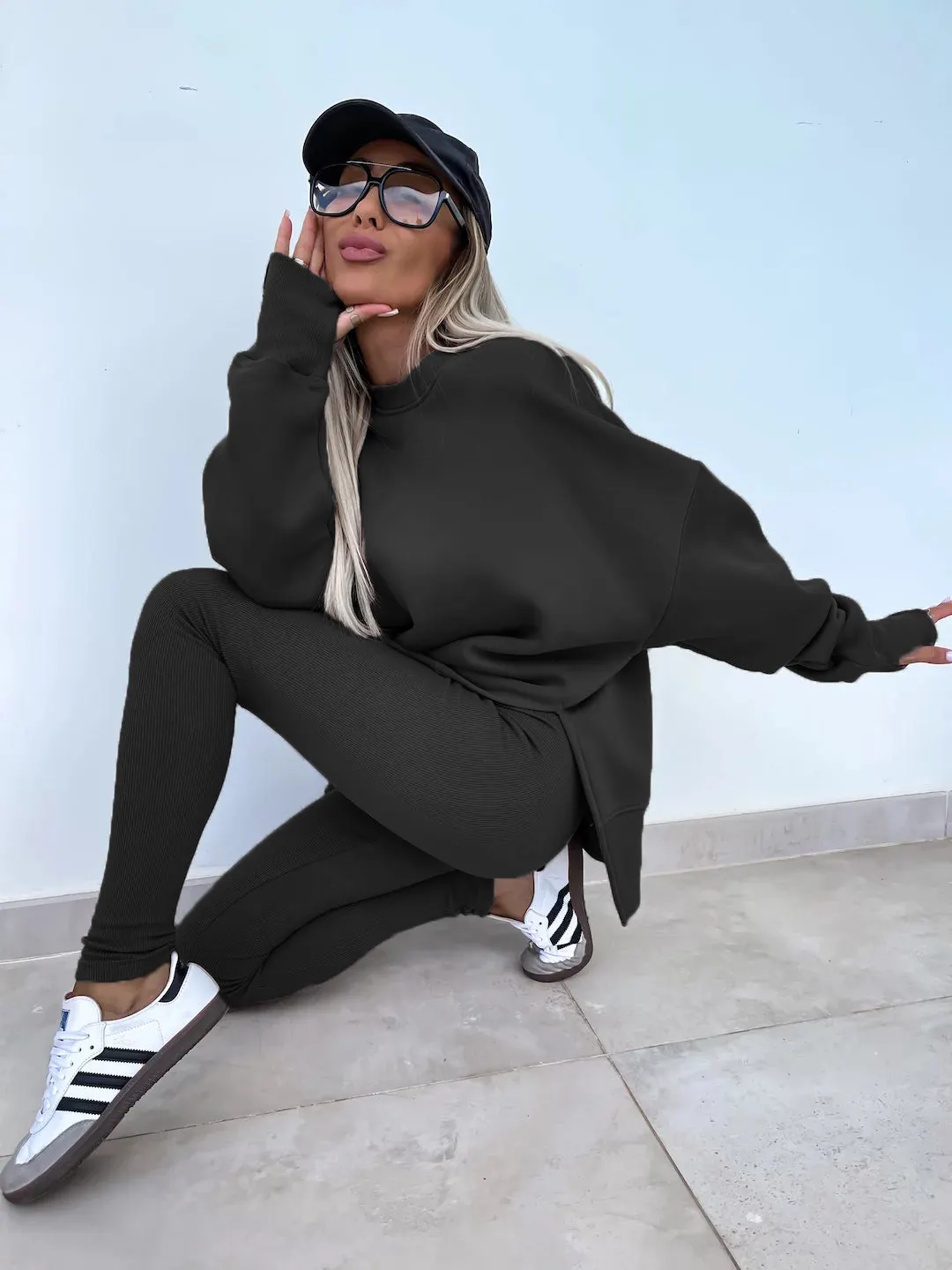 LBL BASICS Casual Polyester Round Collar  Solid Color Long Sleeve Two-piece Pants Set