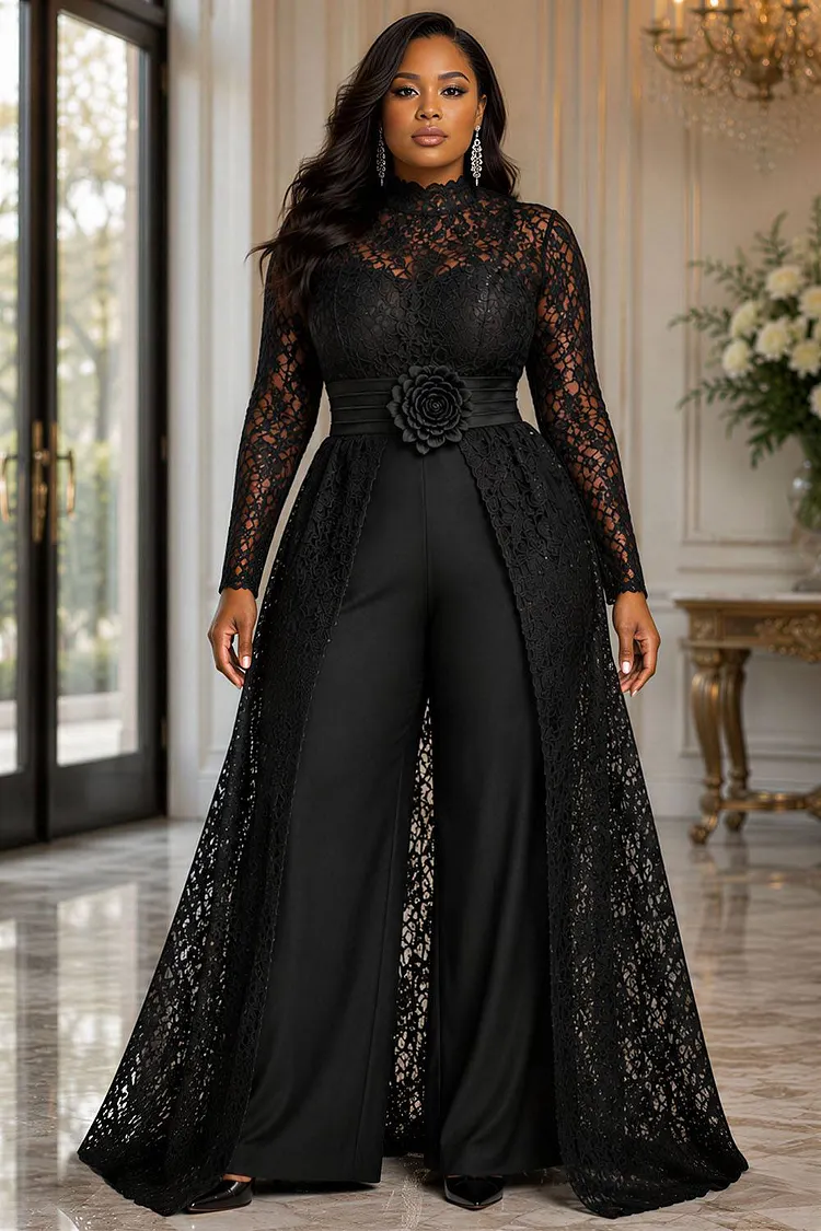 Xpluswear Design Plus Size Formal Black Stand-Up Collar Long Sleeve See Through With&nbsp;Skirt&nbsp;Overlay&nbsp;Lace Jumpsuits [Pre-Order] 2024 - Xpluswear