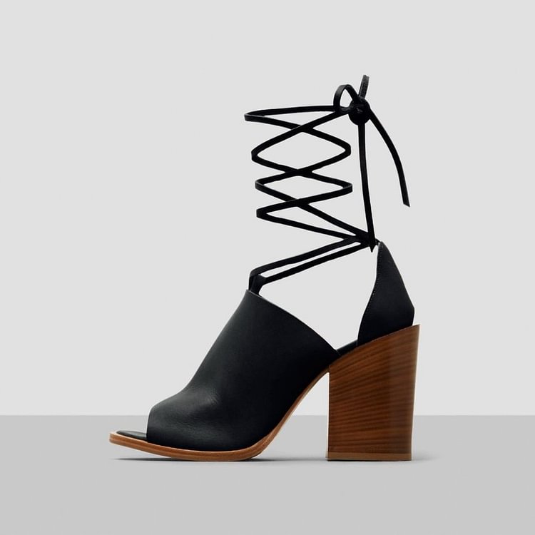 Black Strappy Cut Out Boots Peep Toe Wooden Chunky Heel Ankle Boots |FSJ Shoes