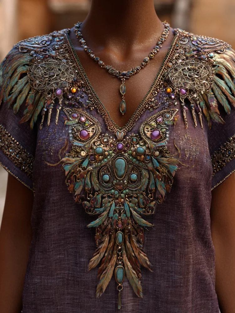 Western-style Feather Three-dimensional Embroidery Sequin V-neck Purple Short-sleeved Shirt