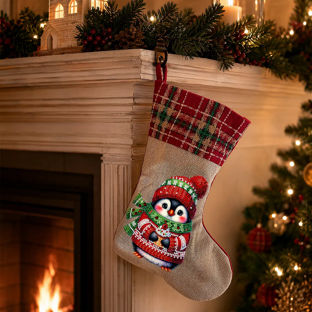 DIY Diamond Painting Christmas Stockings Hanging Ornaments Large Capacity Xmas Socks Pendant Wear Resist Candy Gift Storage Bags for Family Christmas Holiday Party Decoration (Christmas penguin)