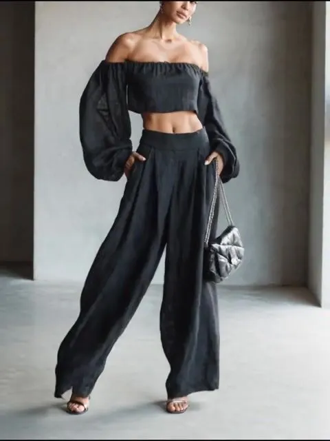Women's Minimalist Linen Blend Strapless Long-sleeved Blouse And Wide-leg Pants Set MDA1900L7Y