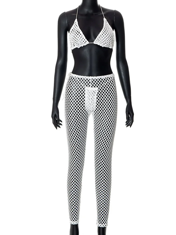 Churchf Hollow Out Two Piece Set Women Fishnet See Through Outfits Sexy Lace Up Camisole Top+Low Waist Pencil Pants 2022 Summer