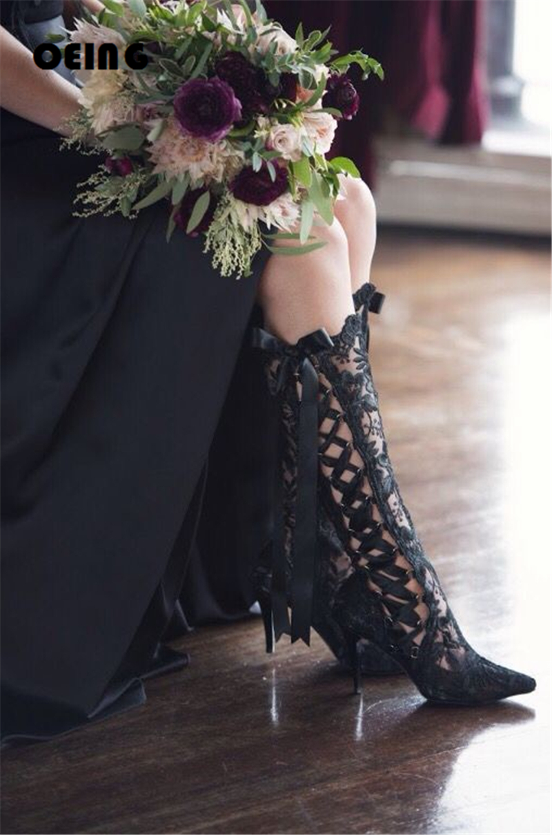 VCSHOES VCshoes Women White Lace Wedding Shoes Stiletto Heel Ribbon Lace-Up Knee High Boots Lace Embellishment Botas De Mujer 44