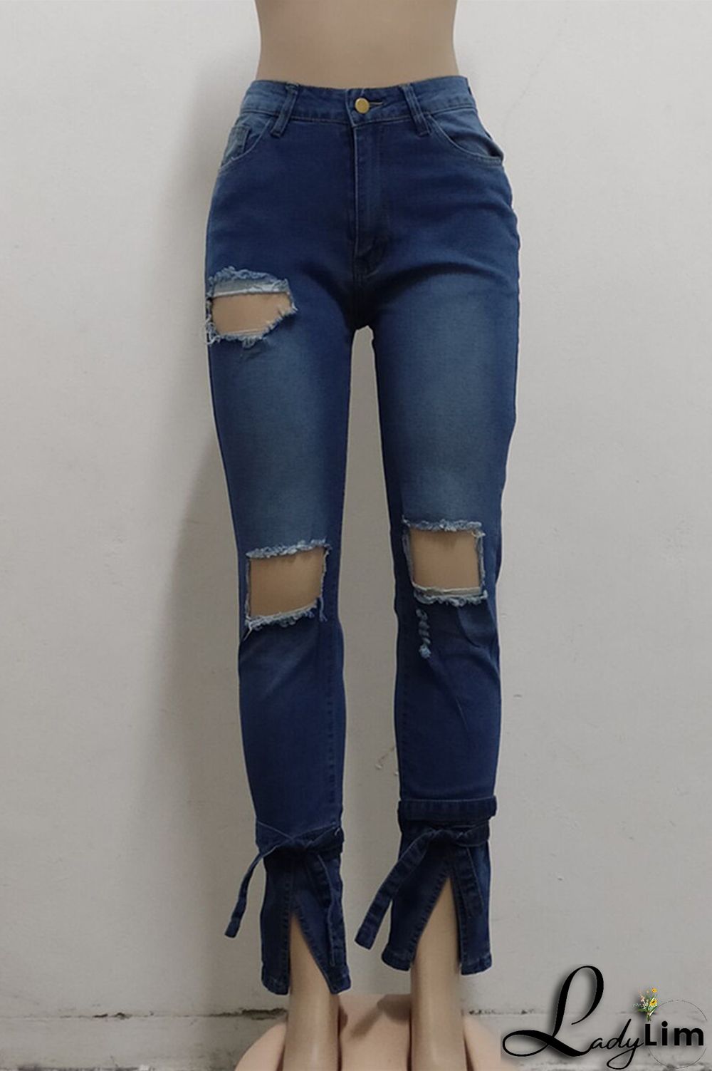Blue Fashion Casual Solid Ripped Slit Mid Waist Regular Denim Jeans