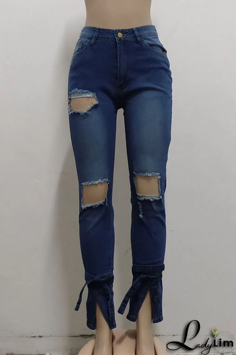 Blue Fashion Casual Solid Ripped Slit Mid Waist Regular Denim Jeans