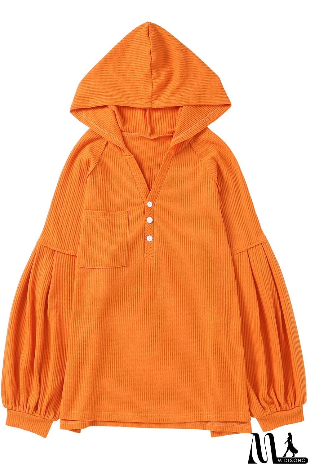 MidiSono - Puff Sleeve Side Slit Buttoned Waffle Knit Hoodie