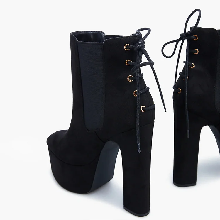 Black Chunky High Heel Ankle Boots Elegant Lace-Up Platform Booties |FSJ Shoes