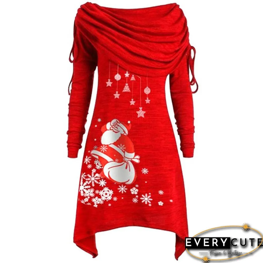 Fashion Women Christmas Dress Santa Claus Snowflake Print Foldover Collar Ruched Irregular