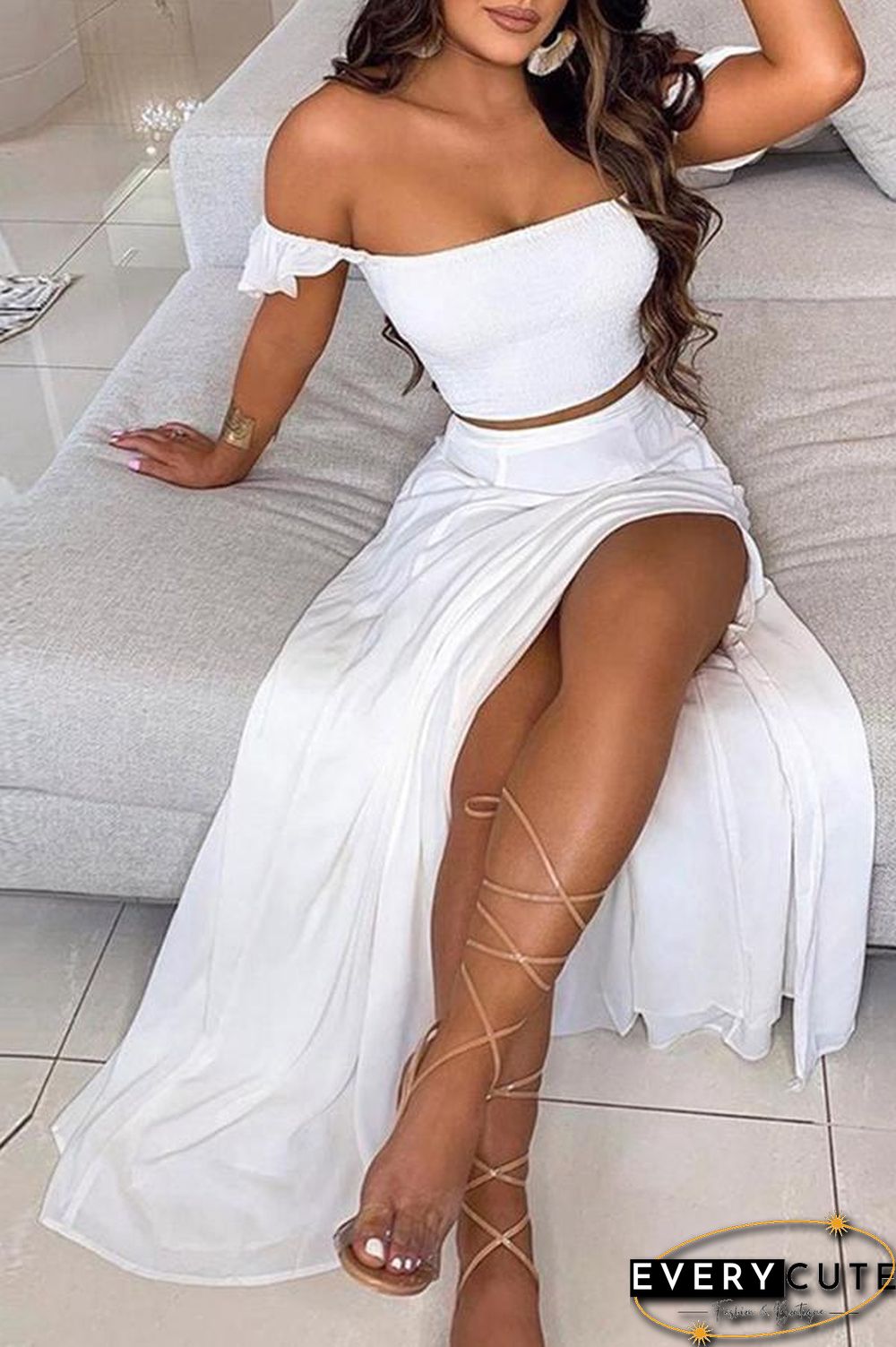 Off Shoulder Ombre Colorblock Top & High Slit Maxi Skirt Sets P13628