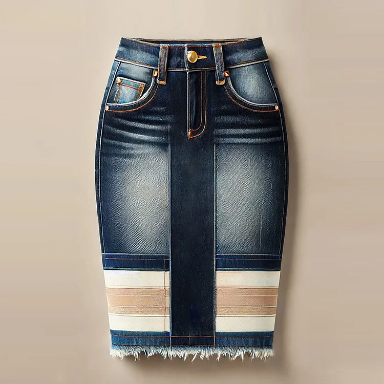 Ursime High Rise Contrast Striped Denim Raw Edge Midi Skirt