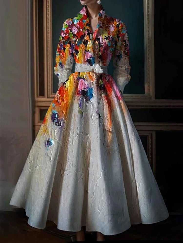 Ursime Elegant Oil Painting Floral Print Long Sleeve Maxi Dress