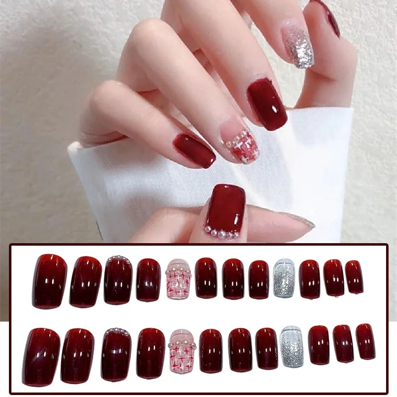 24Pcs/box Full Cover Short round press on nails Pink Dripping Shape Heart Bride nail tips Wearable Fake Nail with Glue for girls-Nail Inspo