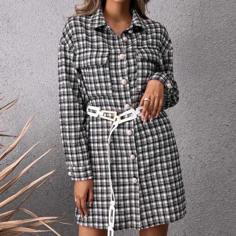 Mature Ladies Casual Top Single-breasted Mid-length Plaid Blouse Shirt