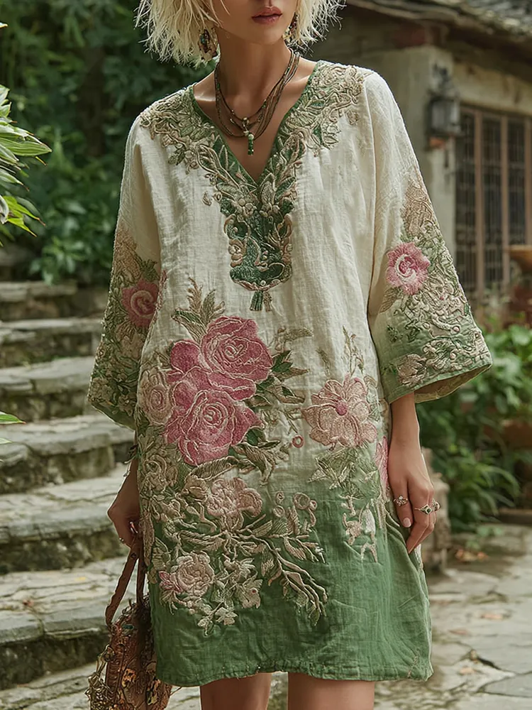 Classy Gradient Pink Roses Cancer Awareness Embroidered V Neck Long Sleeve Linen Dress