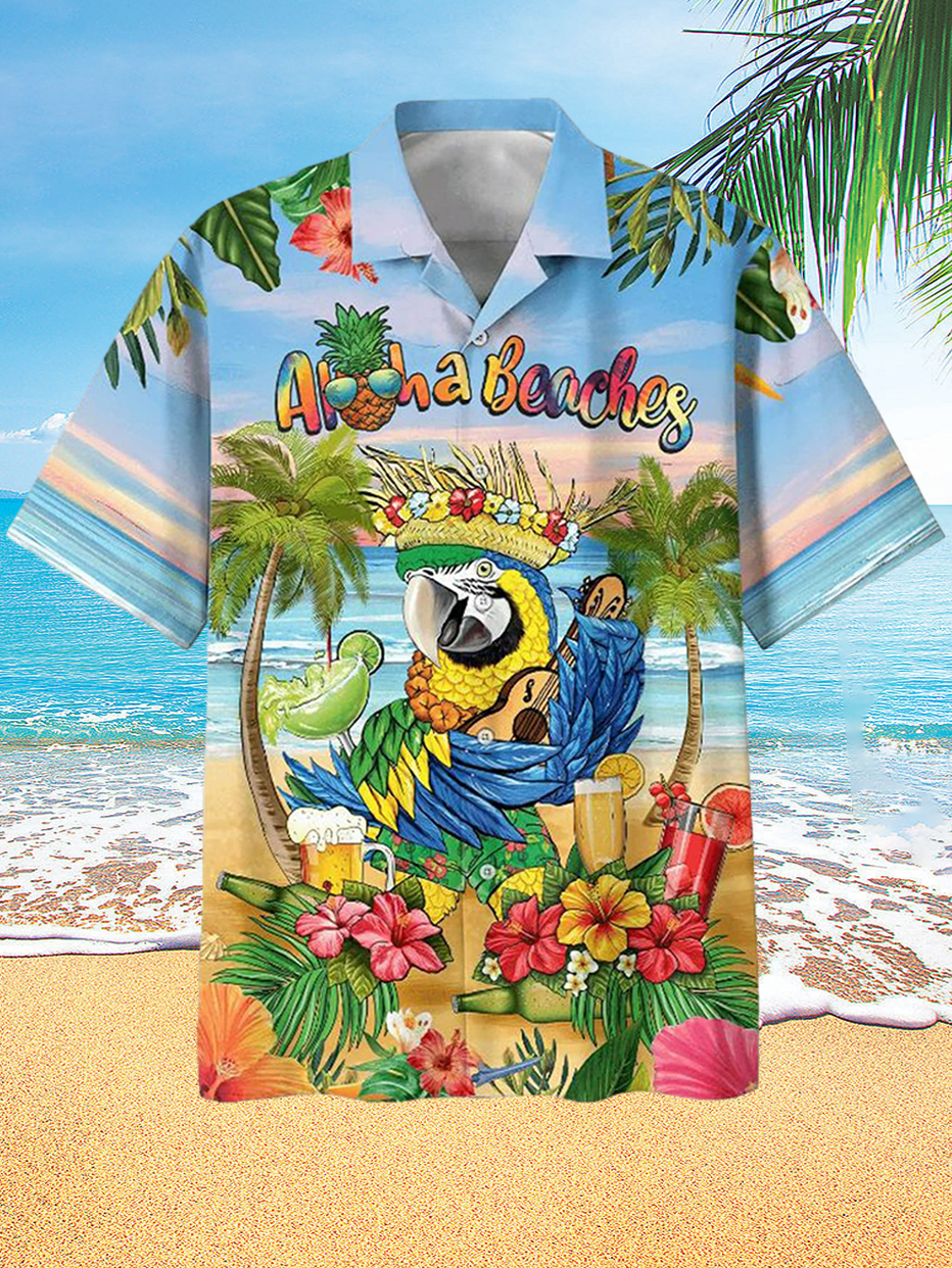 Men's Hawaiian Parrot and Beer Beach Party Print Holiday Short Sleeve Shirt PLUSCLOTHESMAN