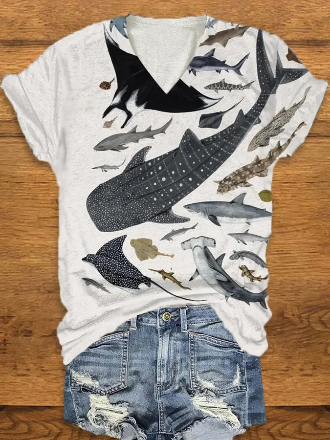 Women's Retro Dolphin Fish Flow Sea Art Print V Neck Tee