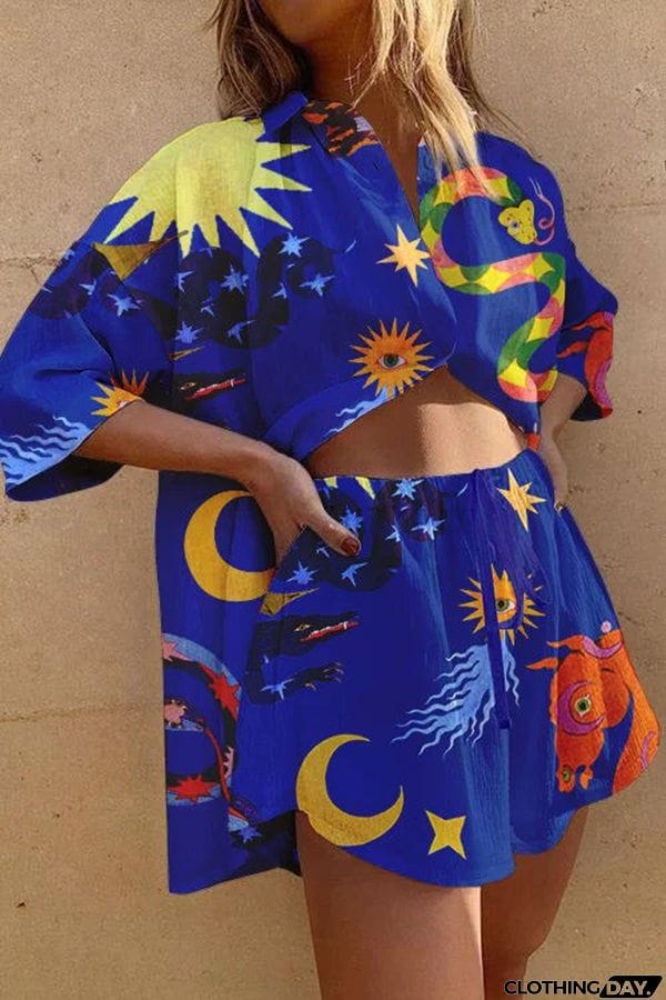 Summer Traveler Linen Blend Unique Print Oversized Blouse and Elastic Waist Pocketed Shorts Set