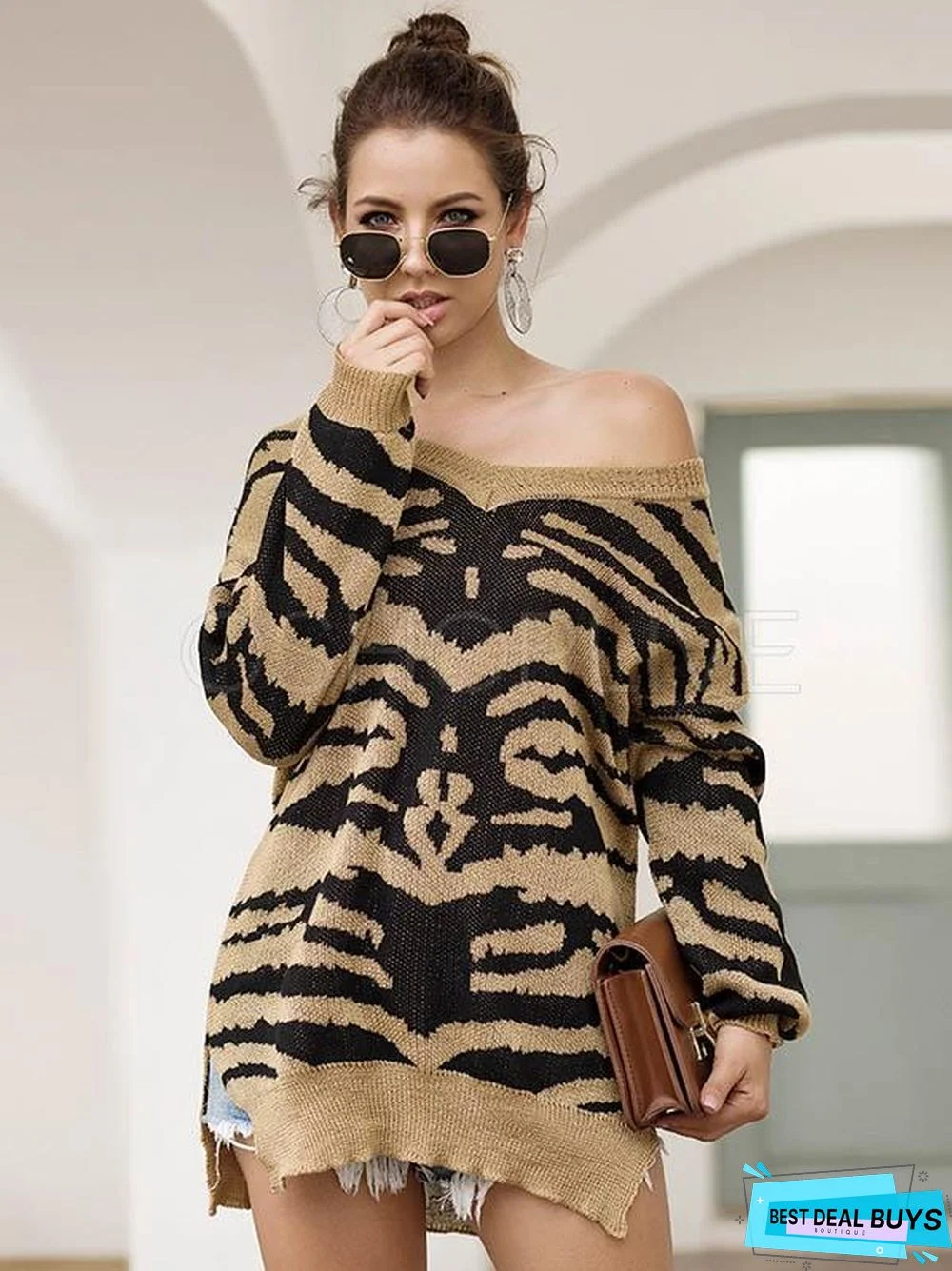 Printed Slit Long Sleeve V-Neck Sweater