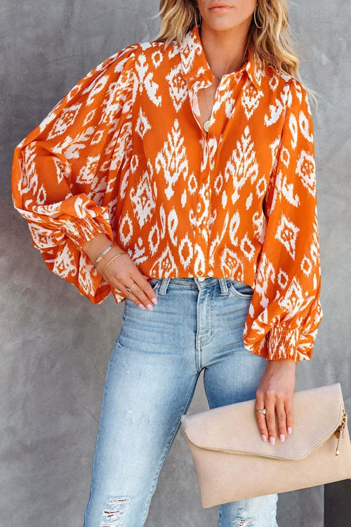 Boho Style Floral Print Button Up Smocked Long Sleeve Top