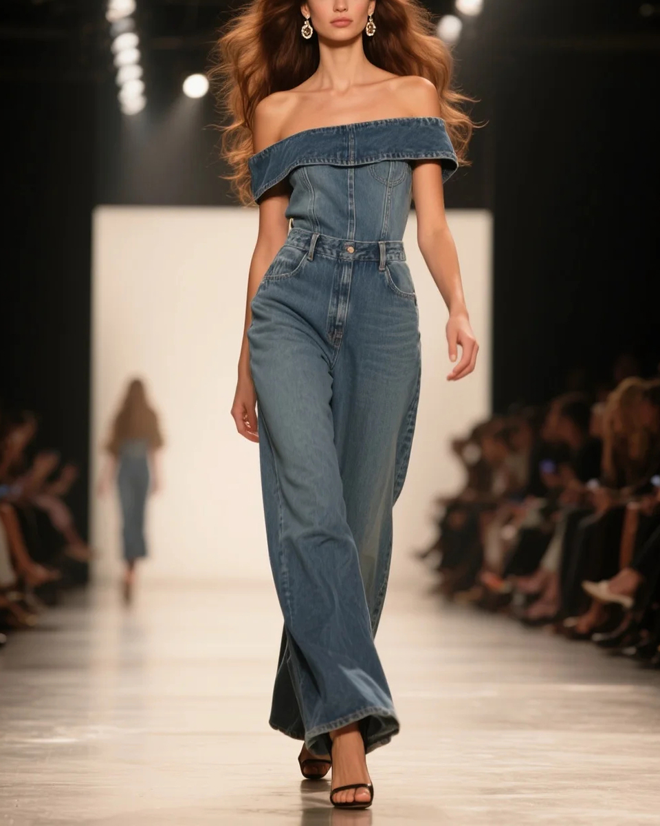 Women's Fashion Elegant One Shoulder Ruffled Sleeveless High Waist Denim Jumpsuit