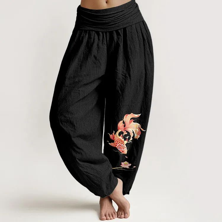 Cotton Luck Koi Fish Lotus Pattern Women's Elastic Waist Harem Pants