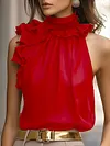 Women's Elegant Petal Collar Halter Neck Design Off-Shoulder Slim Silk Top Shirt