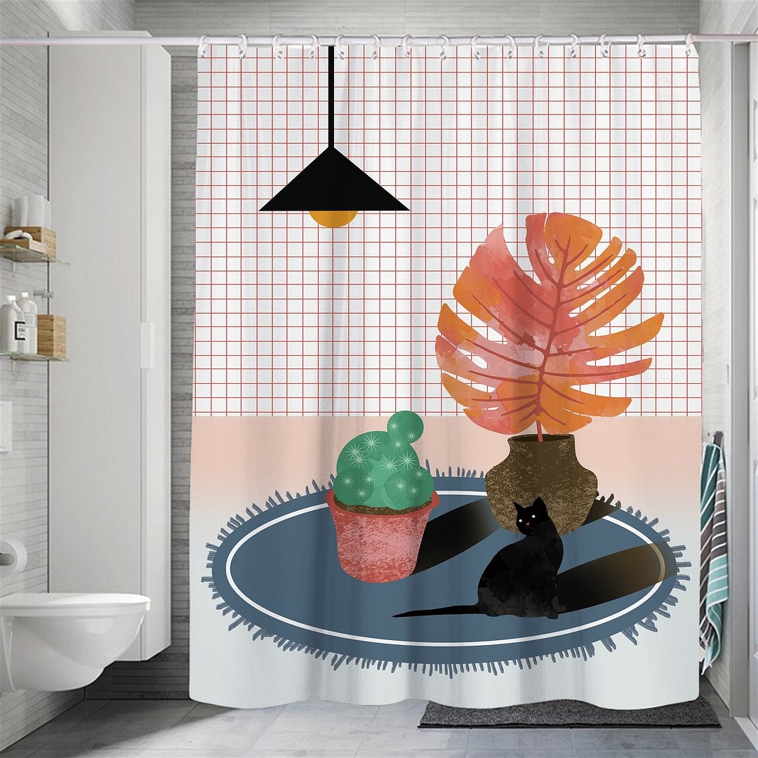 Modern Small Fresh Shower Flower Cat Shower Curtain Polyester Frabic Waterproof Polyester Bathroom Curtain with Hooks Home Decor