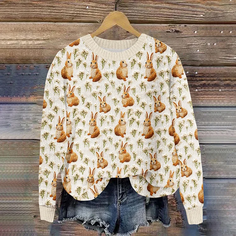 Comstylish Rabbit Print Knitted Pullover Sweater