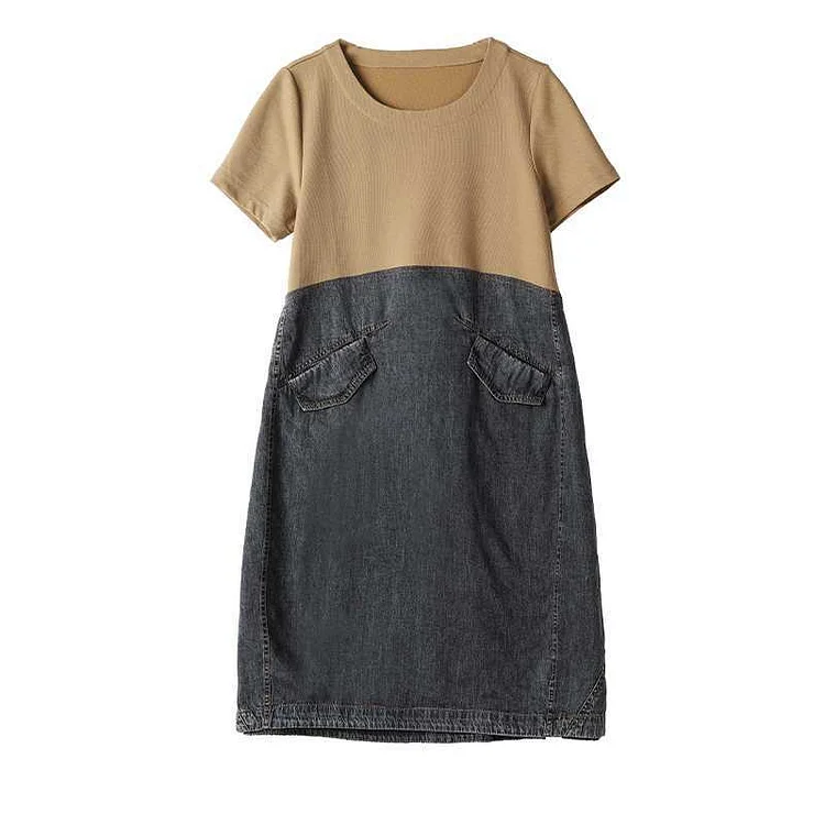 Loose Denim Color Block Short Sleeve Mini Dress