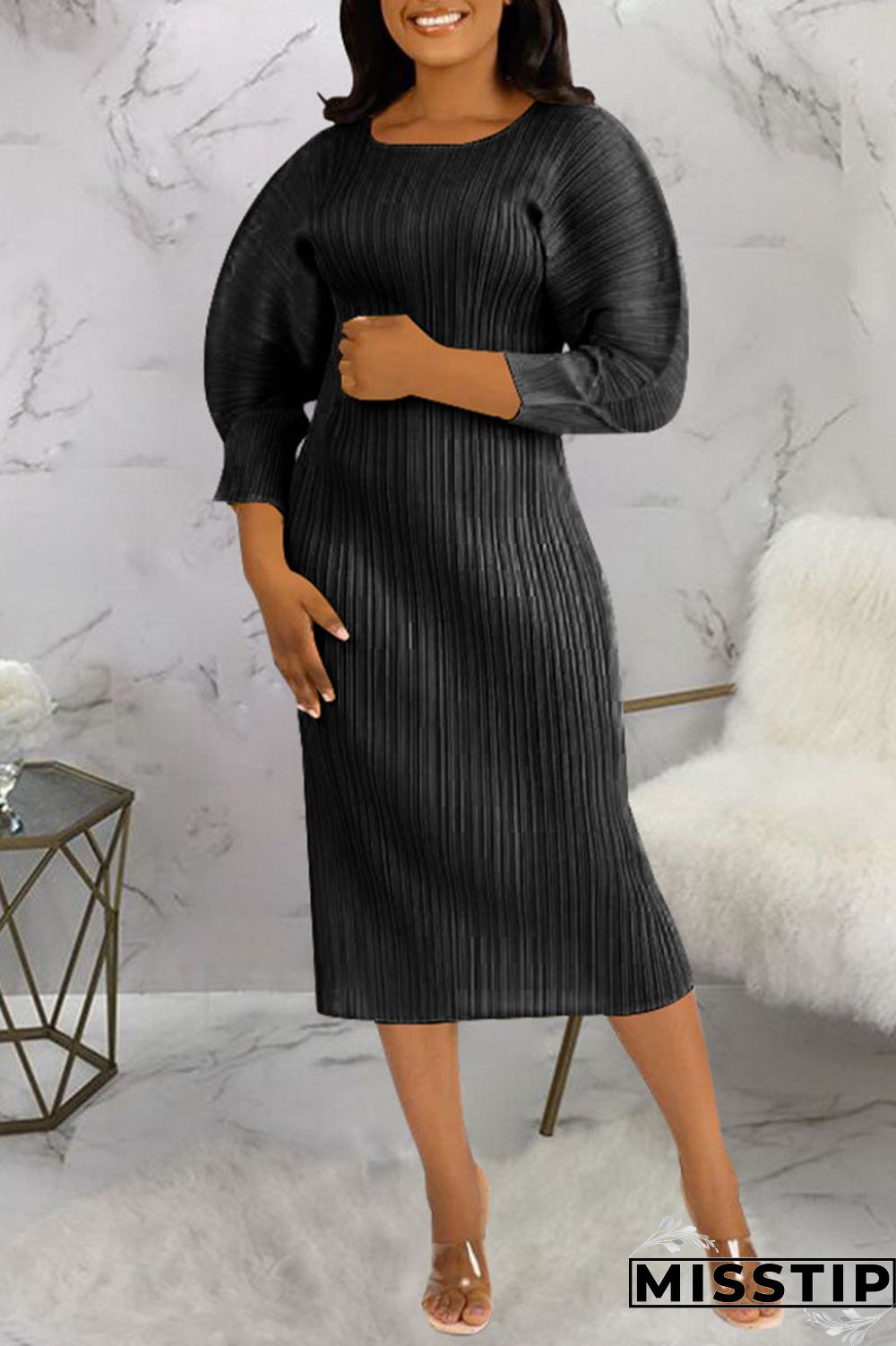 Black Casual Solid Patchwork Fold O Neck Straight Dresses