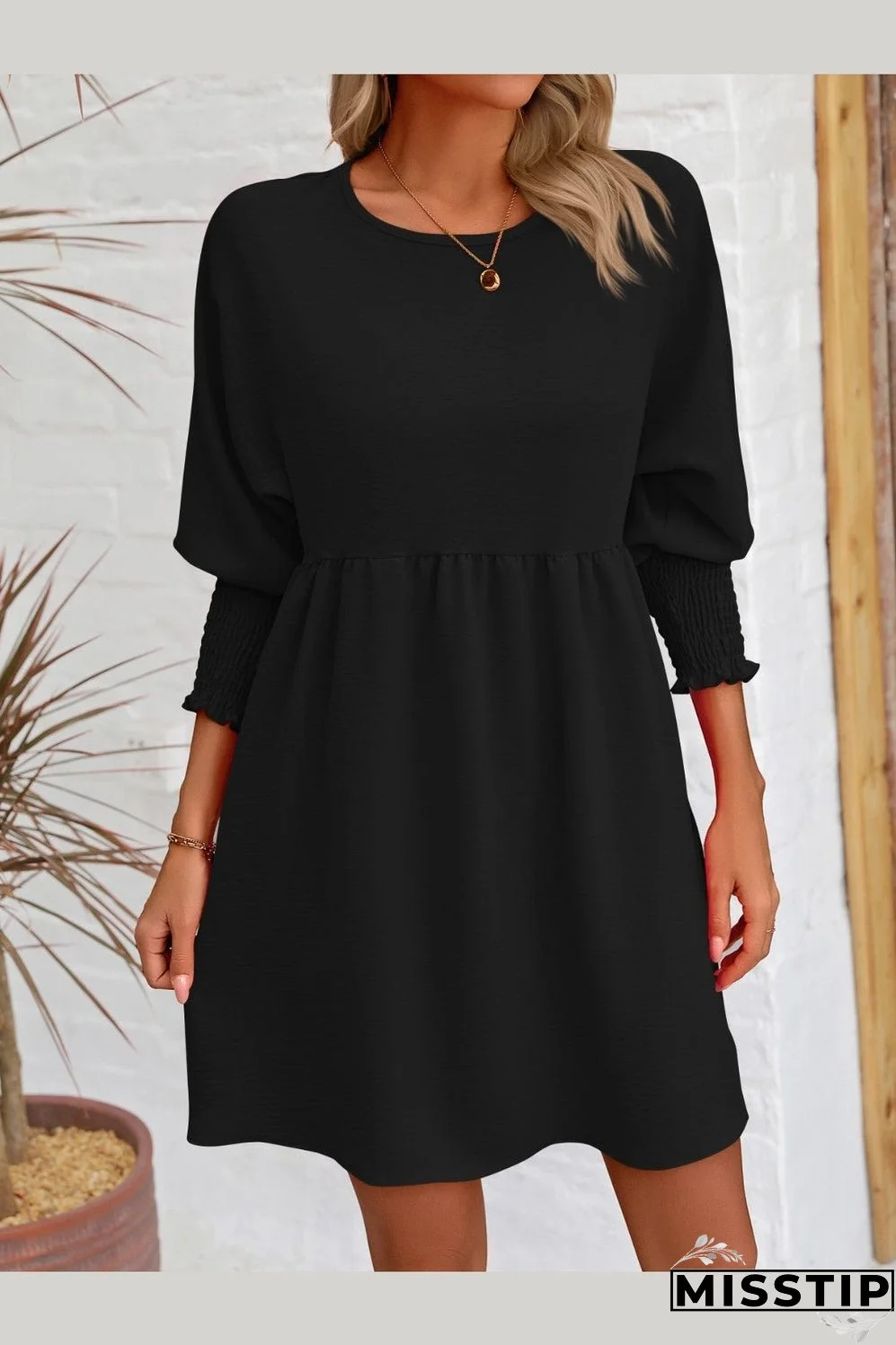 Round Neck Lantern Sleeve Mini Dress